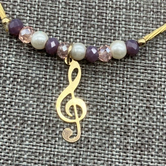 G Clef Charm Bracelet Stretch Gold Purple Pearl Music Musician Song Retro BoHo - Picture 2 of 6